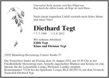 Anzeige  Diethard Tegt  Lippische Landes-Zeitung