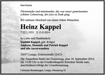 Anzeige  Heinz Kappe  Lippische Landes-Zeitung