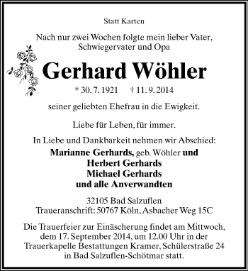 Anzeige  Gerhard Wöhler  Lippische Landes-Zeitung