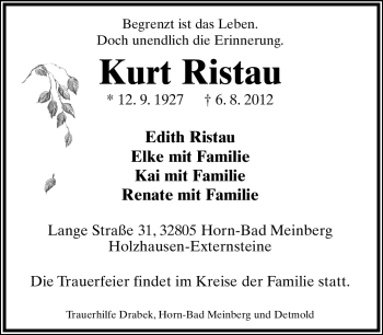 Anzeige  Kurt Ristau  Lippische Landes-Zeitung