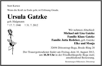 Anzeige  Ursula Gatzke  Lippische Landes-Zeitung