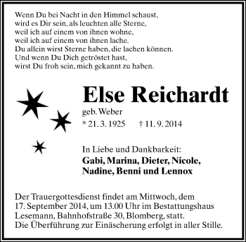 Anzeige  Else Reichardt  Lippische Landes-Zeitung
