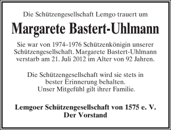 Anzeige  Margarete Bastert-Uhlmann  Lippische Landes-Zeitung