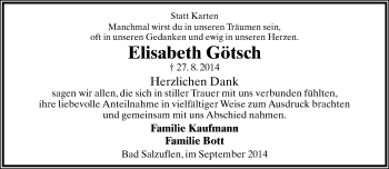 Anzeige  Elisabeth Götsch  Lippische Landes-Zeitung
