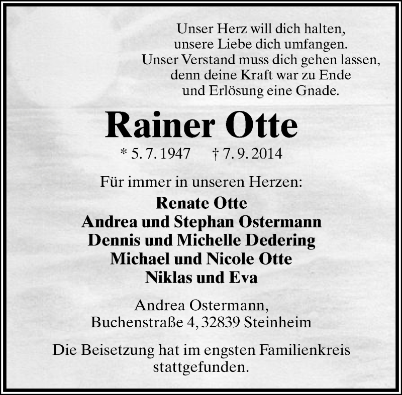  Traueranzeige für Rainer Otte vom 20.09.2014 aus Lippische Landes-Zeitung