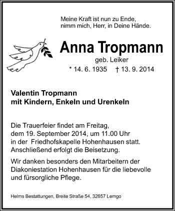 Anzeige  Anna Tropmann  Lippische Landes-Zeitung