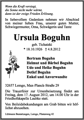 Anzeige  Ursula Boguhn  Lippische Landes-Zeitung