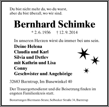 Anzeige  Bernhard  Schimke  Lippische Landes-Zeitung
