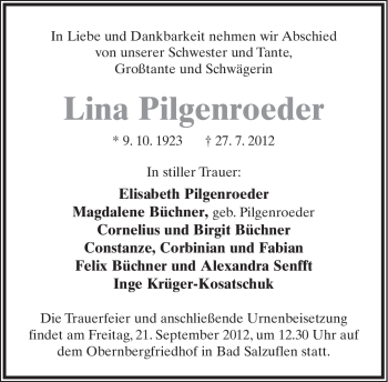 Anzeige  Lina Pilgenroeder  Lippische Landes-Zeitung