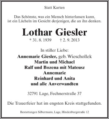 Anzeige  Lothar Giesler  Lippische Landes-Zeitung