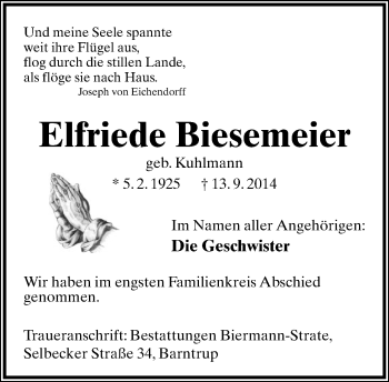 Anzeige  Elfriede Biesemeier  Lippische Landes-Zeitung