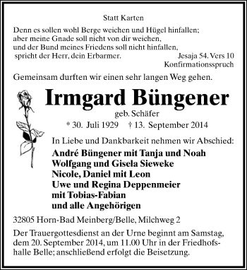 Anzeige  Irmgard Büngener  Lippische Landes-Zeitung