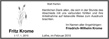 Anzeige  Fritz Krome  Lippische Landes-Zeitung
