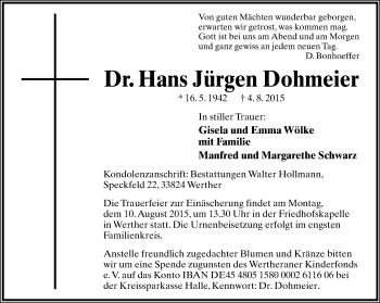 Anzeige  Hans Jürgen Dohmeier  Lippische Landes-Zeitung