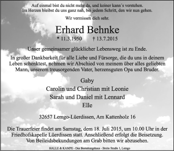 Anzeige  Erhard Behnke  Lippische Landes-Zeitung