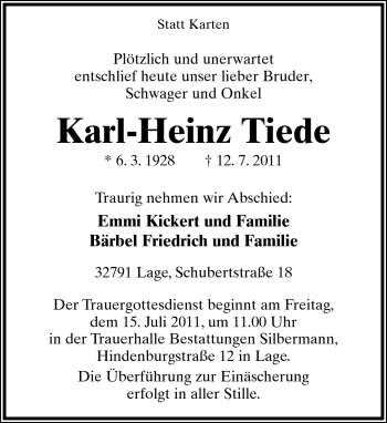 Anzeige  Karl-Heinz Tiede  Lippische Landes-Zeitung
