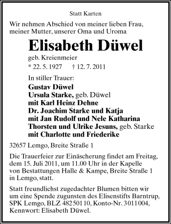 Anzeige  Elisabeth Düwel  Lippische Landes-Zeitung