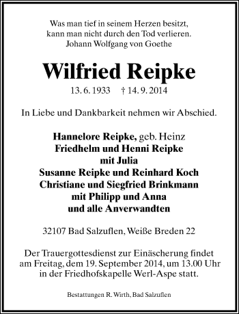 Anzeige  Wilfried Reipke  Lippische Landes-Zeitung