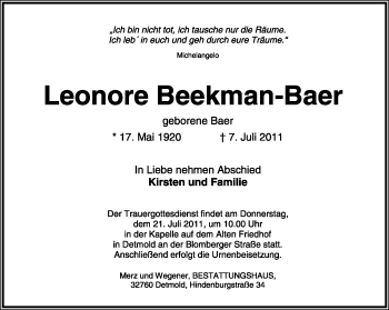 Anzeige  Leonore Beekman-Baer  Lippische Landes-Zeitung