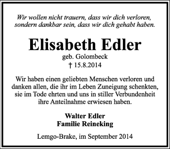 Anzeige  Elisabeth Edler  Lippische Landes-Zeitung