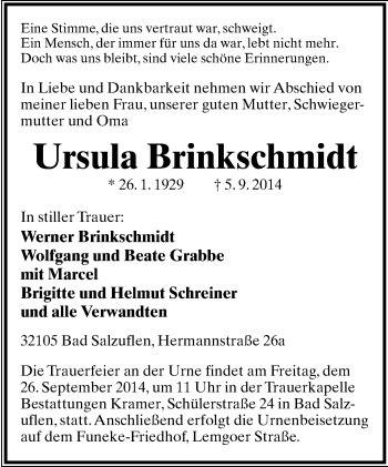 Anzeige  Ursula Brinkschmidt  Lippische Landes-Zeitung