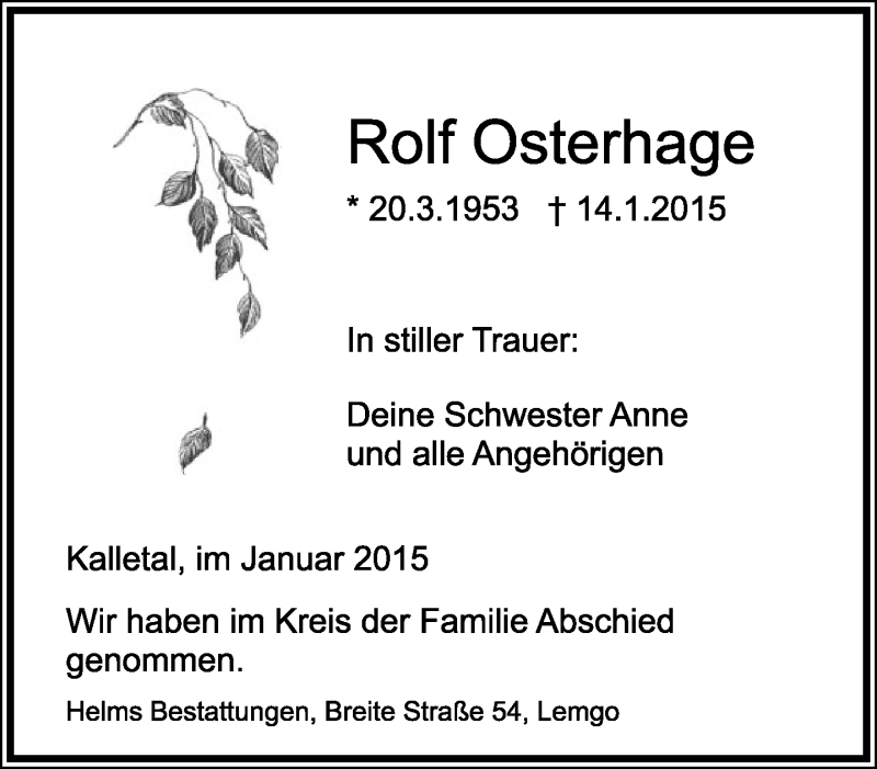  Traueranzeige für Rolf Osterhage vom 31.01.2015 aus Lippische Landes-Zeitung