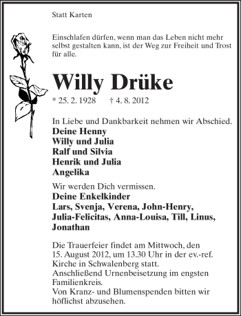 Anzeige  Willy Drüke  Lippische Landes-Zeitung