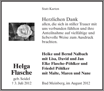 Anzeige  Helga Flasche  Lippische Landes-Zeitung