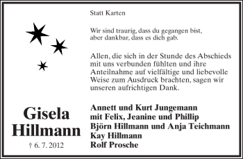 Anzeige  Gisela Hillmann  Lippische Landes-Zeitung