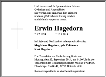 Anzeige  Erwin Hagedorn  Lippische Landes-Zeitung
