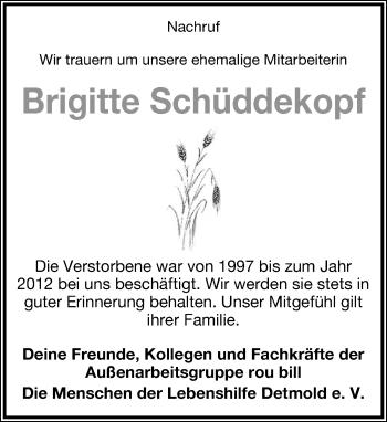 Anzeige  Brigitte Schüddekopf  Lippische Landes-Zeitung