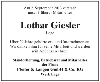 Anzeige  Lothar Giesler  Lippische Landes-Zeitung