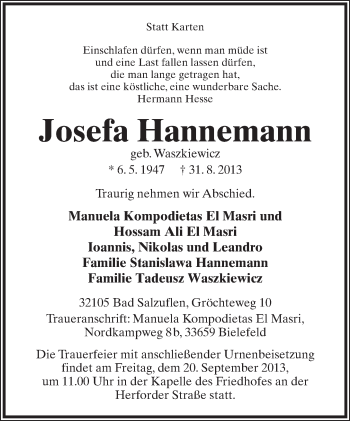 Anzeige  Josefa Hannemann  Lippische Landes-Zeitung
