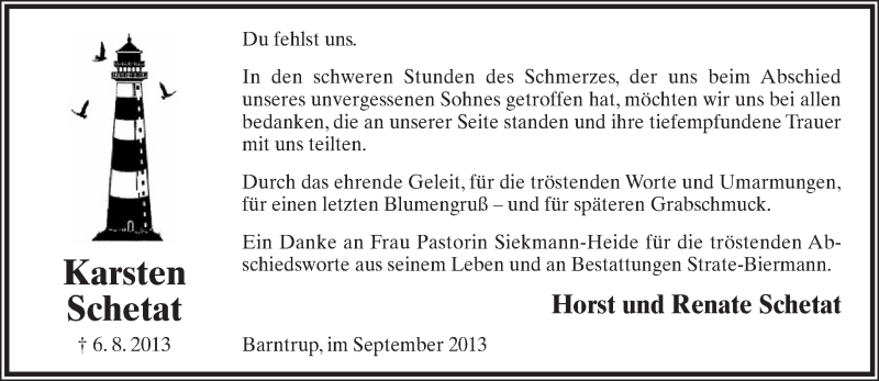 Traueranzeige für Karsten Schetat vom 13.09.2013 aus Lippische Landes-Zeitung