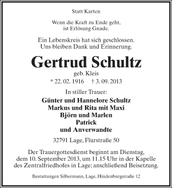 Anzeige  Gertrud Schultz  Lippische Landes-Zeitung
