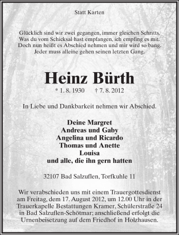 Anzeige  Heinz Bürth  Lippische Landes-Zeitung