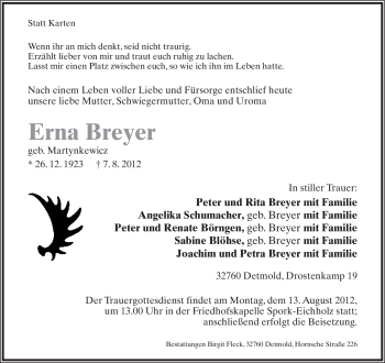 Anzeige  Erna Breyer  Lippische Landes-Zeitung