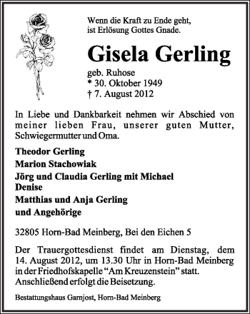 Anzeige  Gisela Gerling  Lippische Landes-Zeitung