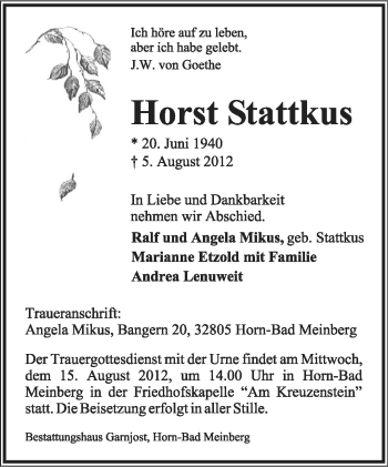 Anzeige  Horst Stattkus  Lippische Landes-Zeitung