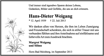 Anzeige  Hans-Dieter Weigang  Lippische Landes-Zeitung