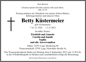 Anzeige  Betty Küstermeier  Lippische Landes-Zeitung