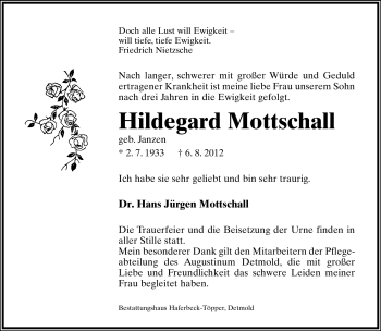 Anzeige  Hildegard Mottschall  Lippische Landes-Zeitung