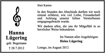 Anzeige  Hanna Lügering  Lippische Landes-Zeitung
