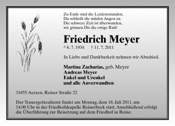 Anzeige  Friedrich Meyer  Lippische Landes-Zeitung