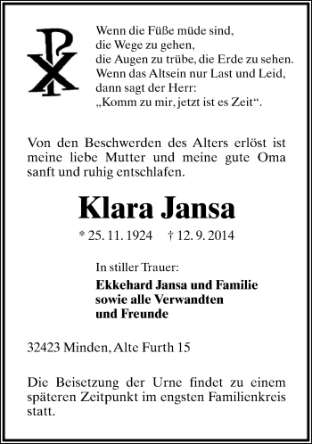 Anzeige  Klara Jansa  Lippische Landes-Zeitung