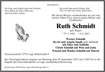 Anzeige  Ruth Schmidt  Lippische Landes-Zeitung