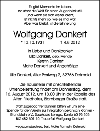 Anzeige  Wolfgang Dankert  Lippische Landes-Zeitung