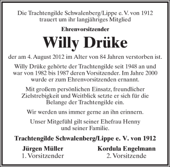 Anzeige  Willy Drüke  Lippische Landes-Zeitung