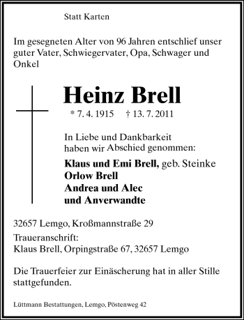 Anzeige  Heinz Brell  Lippische Landes-Zeitung