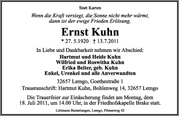 Anzeige  Ernst Kuhn  Lippische Landes-Zeitung